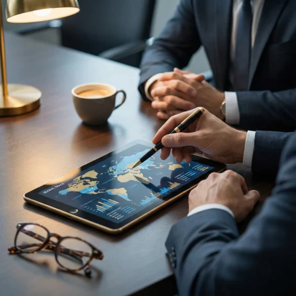 The image shows 2 person meeting and table with hands is focused.